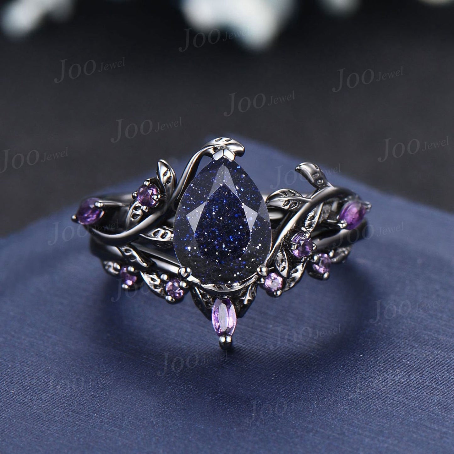 Pear Galaxy Blue Sandstone Amethyst Engagement Ring Set Vintage 14k Black Gold Wedding Ring Starry Sky Blue Goldstone Bridal Ring for Women