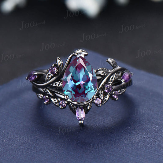 Gothic 14K Black Gold Color-Change Alexandrite Amethyst Bridal Set Nature Inspired Pear Wedding Ring Set for Women Unique Anniversary Gifts