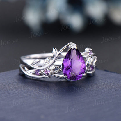 Nature Inspired Amethyst Leaf Ring Set 10K White Gold 1.25ct Pear Cut Natural Amethyst Crystal Set Unique February Birthstone Birthday Gift