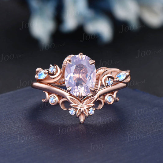 Crescent Moon Wedding Ring Oval Natural Lavender Amethyst Bridal Set 14K Rose Gold Nature Inspired Branch Vine Celtic Knot Moonstone Rings