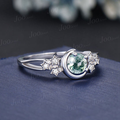 Round Natural Green Moss Agate Moon Promise/Engagement Ring Sterling Silver Split Shank Band Cluster Star Moissanite Wedding Ring for Women