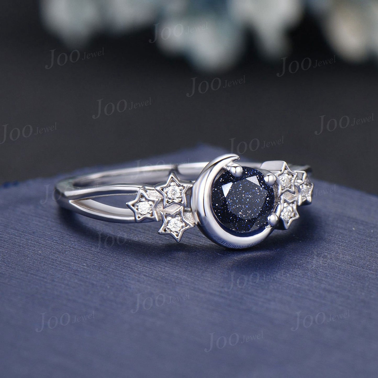 Crescent Moon Star Galaxy Blue Goldstone Wedding Ring Vintage White Gold Round Starry Sky Blue Sandstone Ring Sterling Silver Gemstone Ring