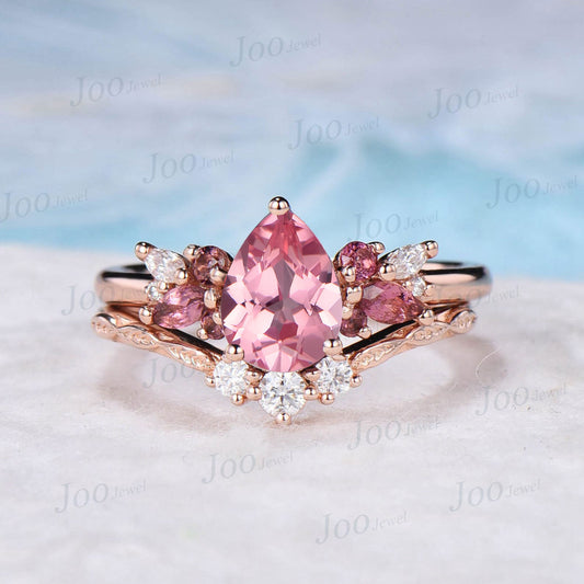 1.25ct Pear Cut Pink Padparadscha Engagement Ring Real Pink Tourmaline Moissanite Cluster Bridal Set Twig Vine Band Anniversary Gifts Women