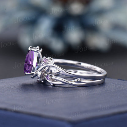 Nature Inspired Amethyst Leaf Ring Set 10K White Gold 1.25ct Pear Cut Natural Amethyst Crystal Set Unique February Birthstone Birthday Gift