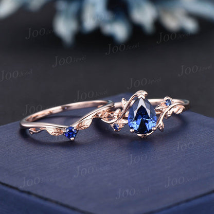 Nature Inspired Blue Sapphire Bridal Set Rose Gold Twig Vine Floral Pear Wedding Ring Unique September Birthstone Birthday/Anniversary Gifts