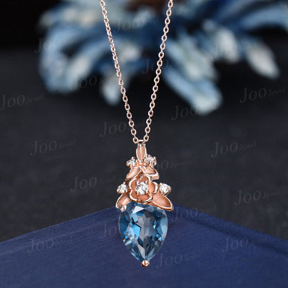 Oval Cut Natural London Blue Topaz Necklace Solid 14K Rose Gold Branch Floral Gemstone Pendant for Women Dainty December Birthstone Gifts