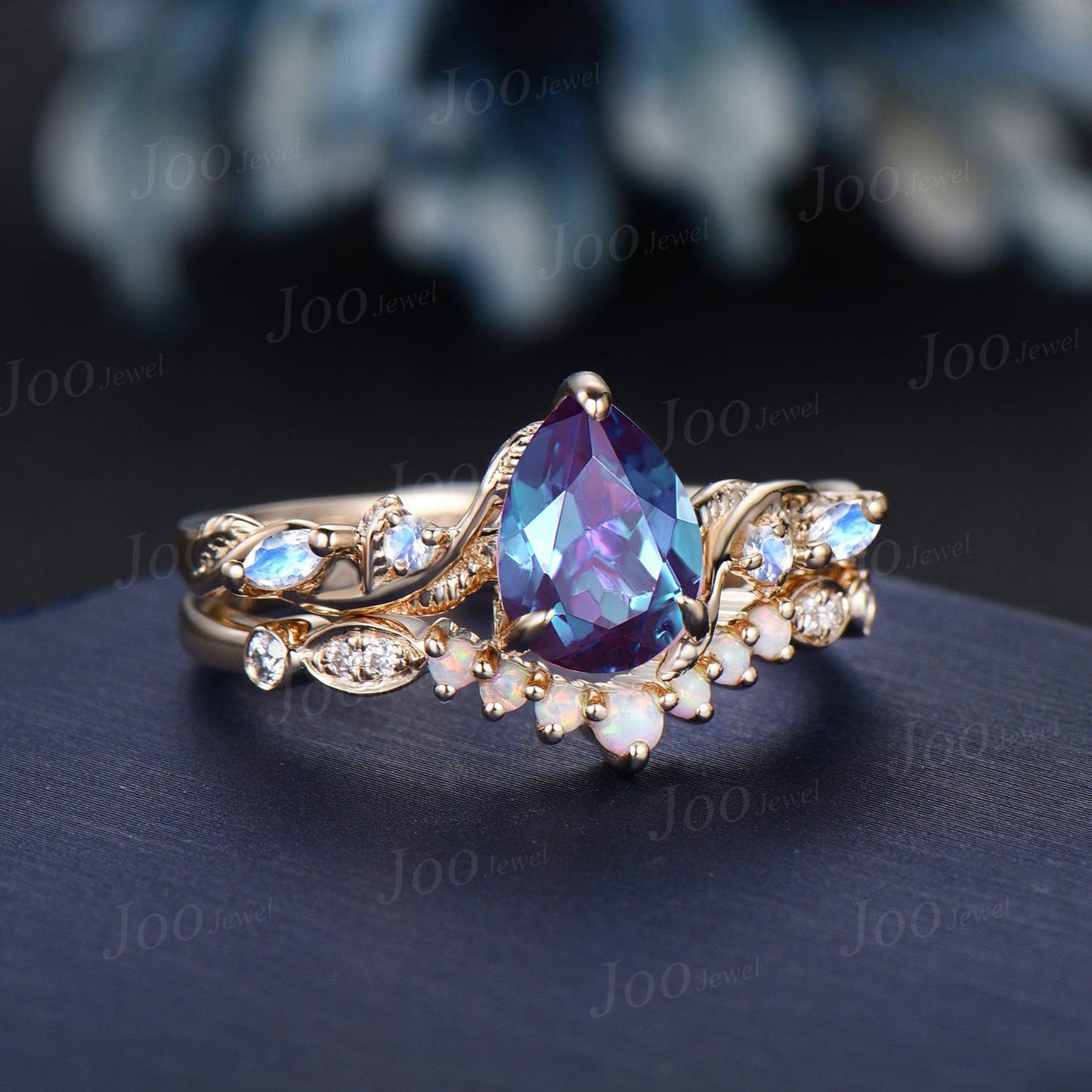 Twig Vine Color-Change Alexandrite Moonstone Ring Set 10K Gold 1.25ct Nature Inspired Pear Alexandrite Engagement Rings Opal Wedding Band