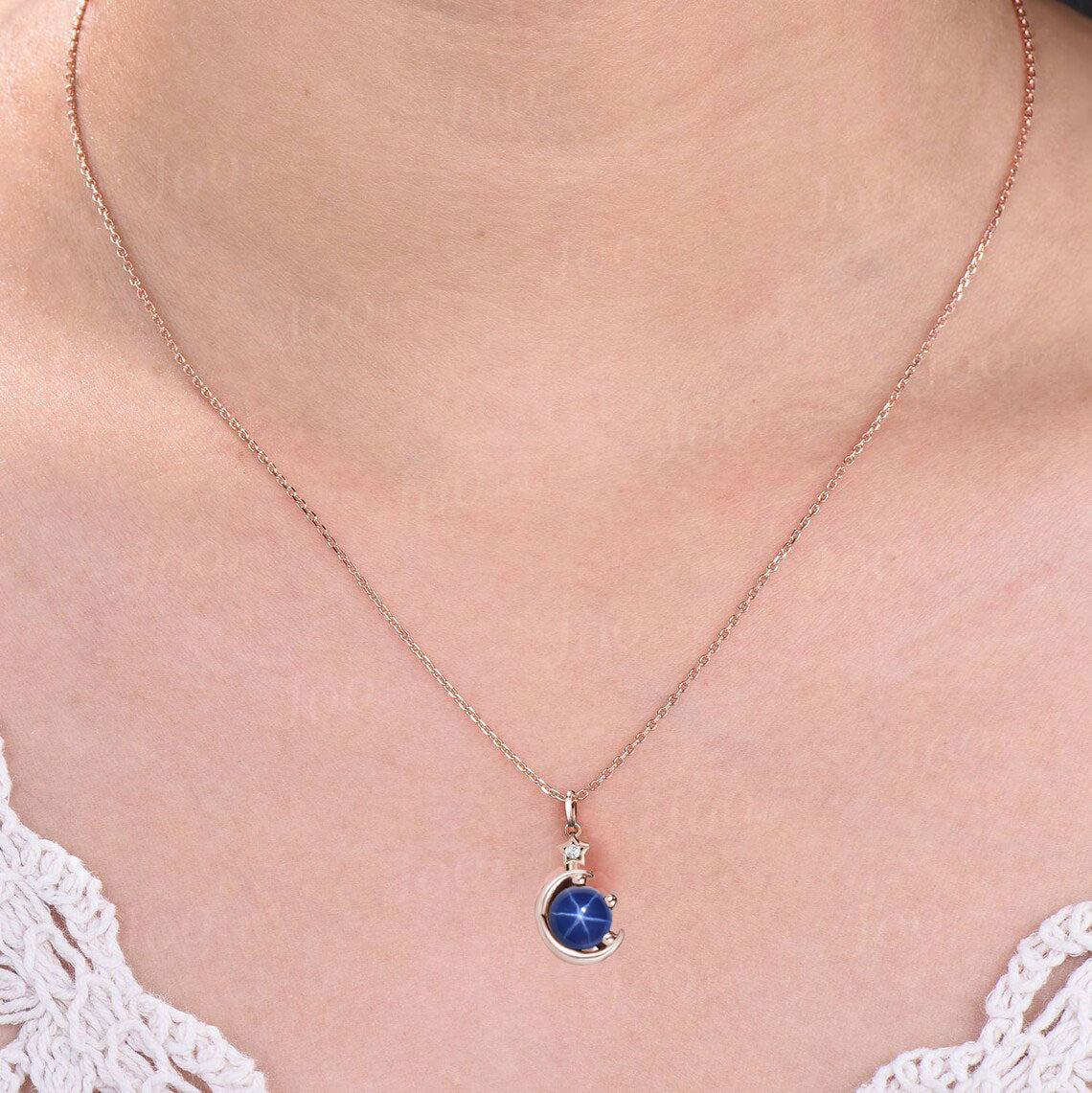 Round Star Blue Sapphire Necklace Rose Gold Crescent Moon Star Wedding Necklace Star Blue Bridal Solitaire Pendant Necklace Unique Promise Gifts