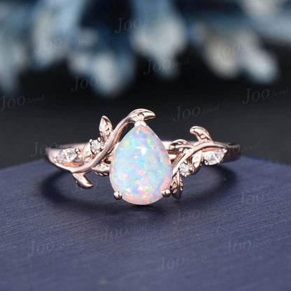 1.25ct Nature Inspired White Opal Moissanite Ring Pear Shaped Opal Twig Engagement Ring Set Branch Bridal Set October Birthstone Gift Women