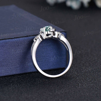 Round Natural Green Moss Agate Moon Promise/Engagement Ring Sterling Silver Split Shank Band Cluster Star Moissanite Wedding Ring for Women