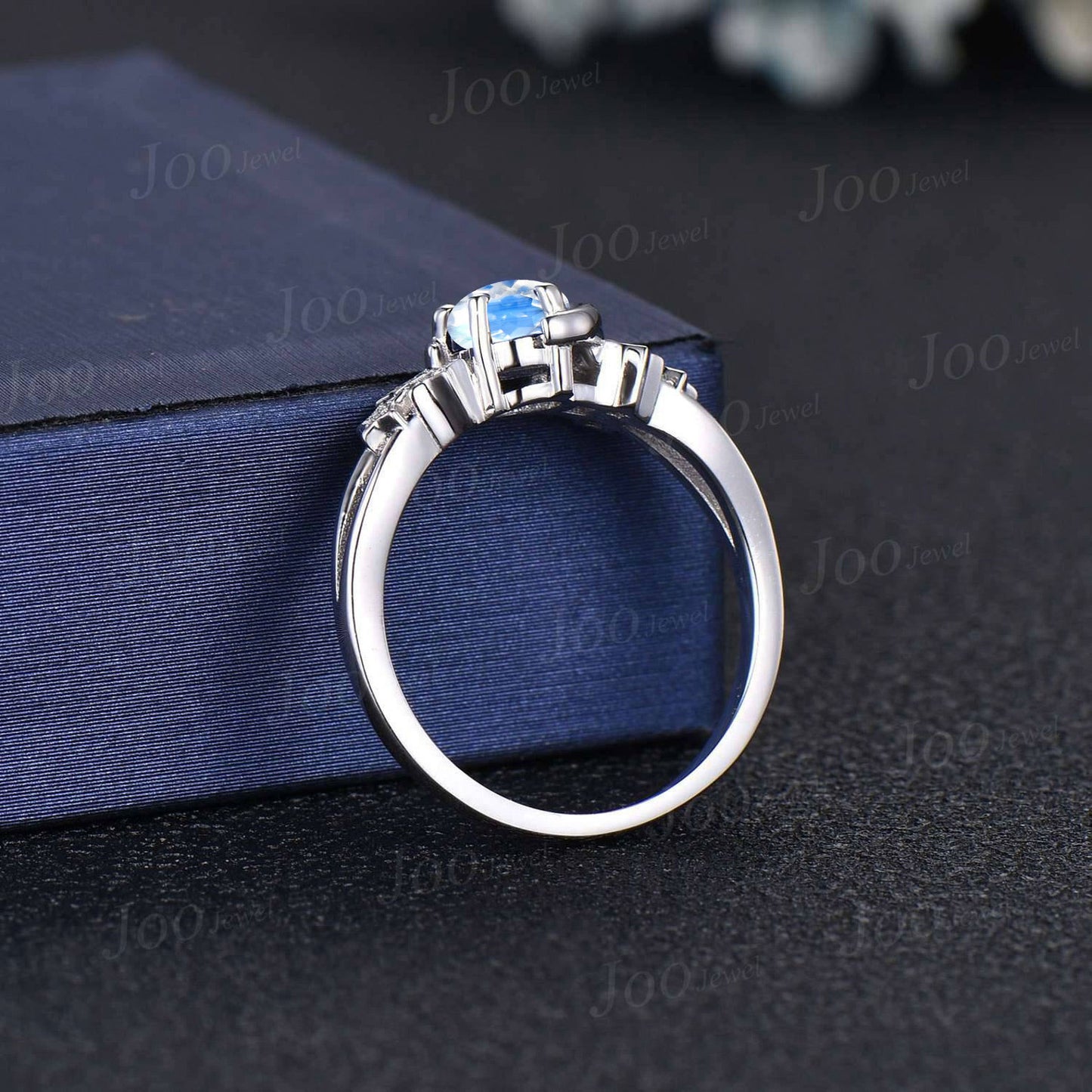 Round Natural Moonstone Promise Ring Rainbow Moonstone Moon Engagement Ring Sterling Silver Split Shank Cluster Star Wedding Ring for Women