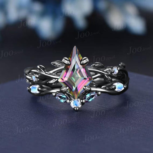 Black Gold Rainbow Mystic Topaz Moonstone Wedding Ring Set Kite Cut Mystic Topaz Bridal Set Unique Art Deco Alexandrite Twig Vine Leaf Ring