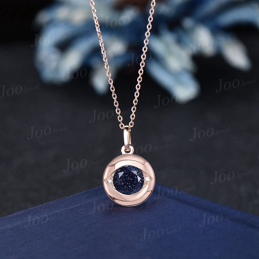 Unique Evil Eye Necklace Round Galaxy Blue Sandstone Diamond Pendant -You Are My Dazzling Galaxy 14K Rose Gold Gemstone Necklace Gift Women