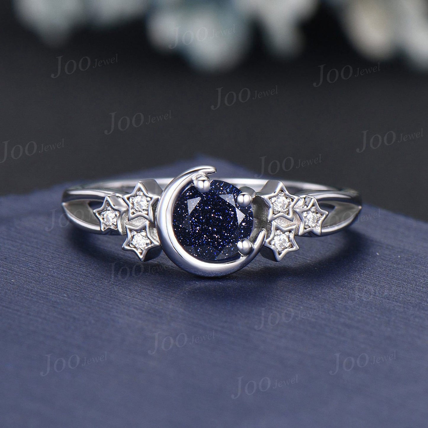 Crescent Moon Star Galaxy Blue Goldstone Wedding Ring Vintage White Gold Round Starry Sky Blue Sandstone Ring Sterling Silver Gemstone Ring