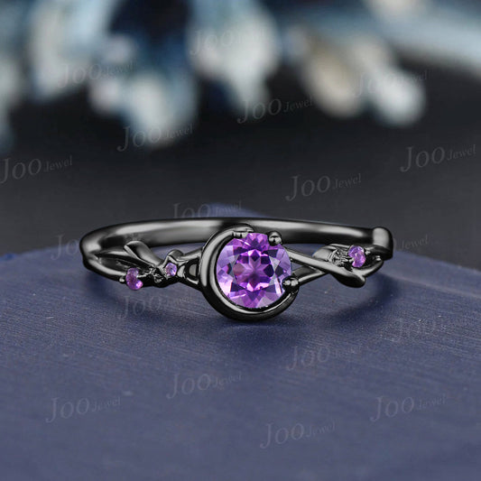 Black Gold Natural Amethyst Moon Engagement Ring Vintage Twig Vine Wedding Ring Round Amethyst Ring Unique February Birthstone Birthday Gift