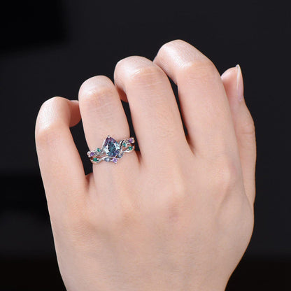 1.25CT Fireworks Cut Color-Change Alexandrite Black Gold Wedding Ring Set Pear Cut Engagement Rings Twig Vine Emerald Amethyst Bridal Set
