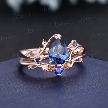 Nature Inspired Blue Sapphire Bridal Set Rose Gold Twig Vine Floral Pear Wedding Ring Unique September Birthstone Birthday/Anniversary Gifts