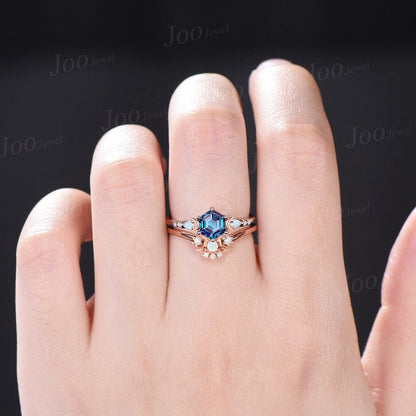 1ct Hexagon Color-Change Alexandrite Ring Set Vintage Rose Gold Unique Opal Moon Engagement Ring Set Women Gemstone Anniversary Ring Gifts
