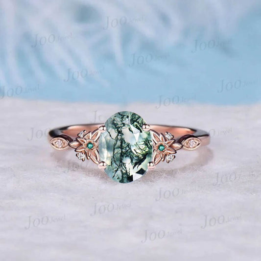 Vintage Oval Natural Green Moss Agate Emerald Engagement Ring Rose Gold Twig Leaf Floral Antique Unique Cluster Diamond Bridal Wedding Ring