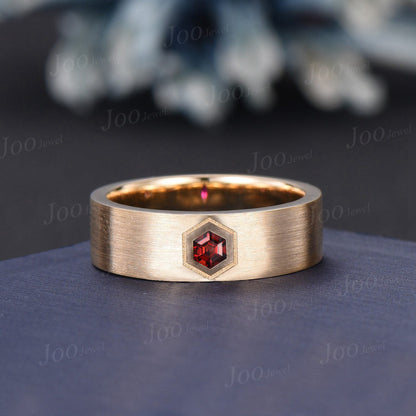 6mm Men Band Pear Natural Garnet Mens Brushed Wedding Band 14K Yellow Gold Garnet Promise Pinky Ring Matte Finish Gold Solitaire Ring Male
