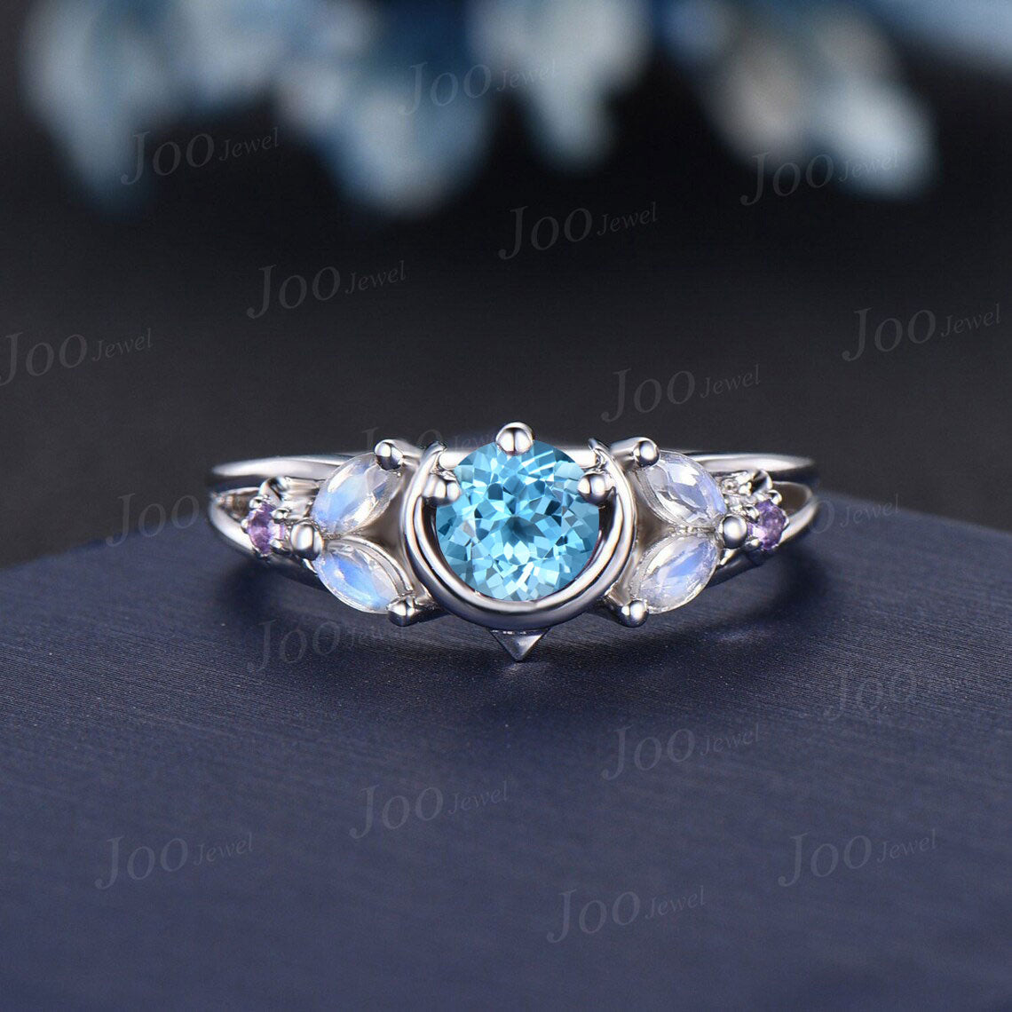 Moon Star Design Natural Round Swiss Blue Topaz Engagement Ring 14K White Gold Split Shank Band Moonstone Amethyst Celestial Wedding Rings