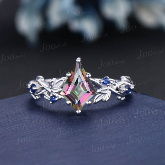 Mystic Topaz Sapphire Bridal Set 14K White Gold Kite Cut Rainbow Mystic Topaz Engagement Ring Leaf Branch Crossover Wedding Ring for Women