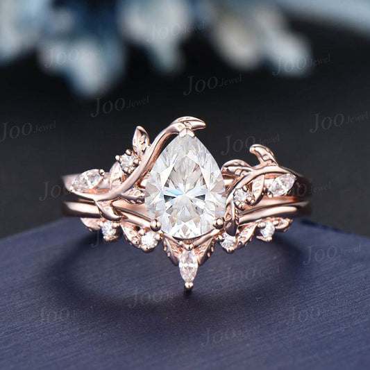 Nature Inspired Moissanite Engagement Ring Set 14K Rose Gold 1.25ct Pear Moissanite Diamond Wedding Ring Leaf Vine Branch Bypass Bridal Set