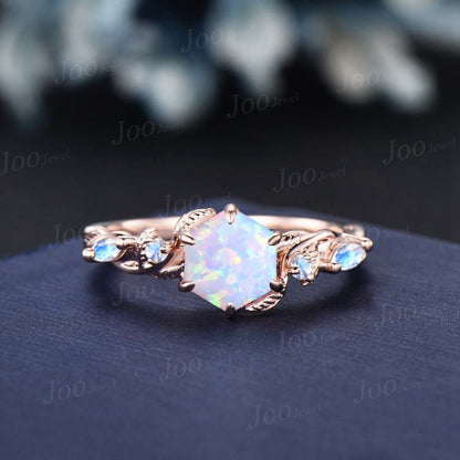 Nature Inspired Twig Opal Ring Set 10K Rose Gold 1ct Hexagon Opal Moonstone Branch Engagement Ring Unique October Birthstone Birthday Gifts