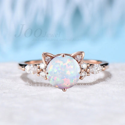Cat Engagement Ring Vintage Opal Moissanite Promise Ring Animal Cat Shaped Wedding Ring Peekaboo Kitten Unique Gemstone Gifts for Cat Lover