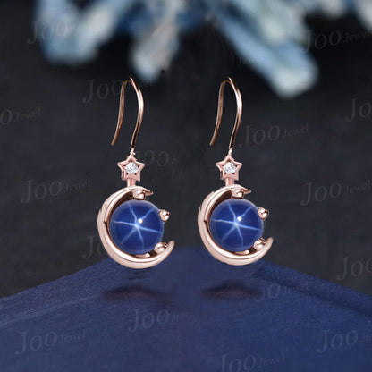 Round Cut Star Sapphire Diamond Drop Necklace 14K Rose Gold Moon Star Bridal Wedding Necklace Unique Promise/Valentine's Day Gifts for Women