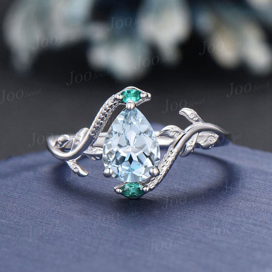 Unique Snake Engagement Ring Vintage 14K White Gold Nature Inspired Natural Pear Aquamarine Promise Ring Green Emerald Wedding Ring for Her