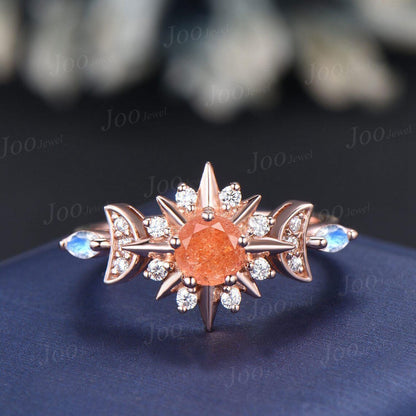 Round Cut Nature Sunstone Ring Sun Engagement Ring Orange Gemstone Jewelry Starburst Moon Ring for Women Unique Healing Stone Ring Gifts