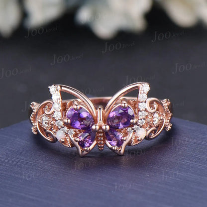 Unique Amethyst Opal Butterfly Engagement Ring 14K Solid Rose Gold Filigree Hollow Crafts Vintage Fantasy Bridal Set Butterfly Wedding rings