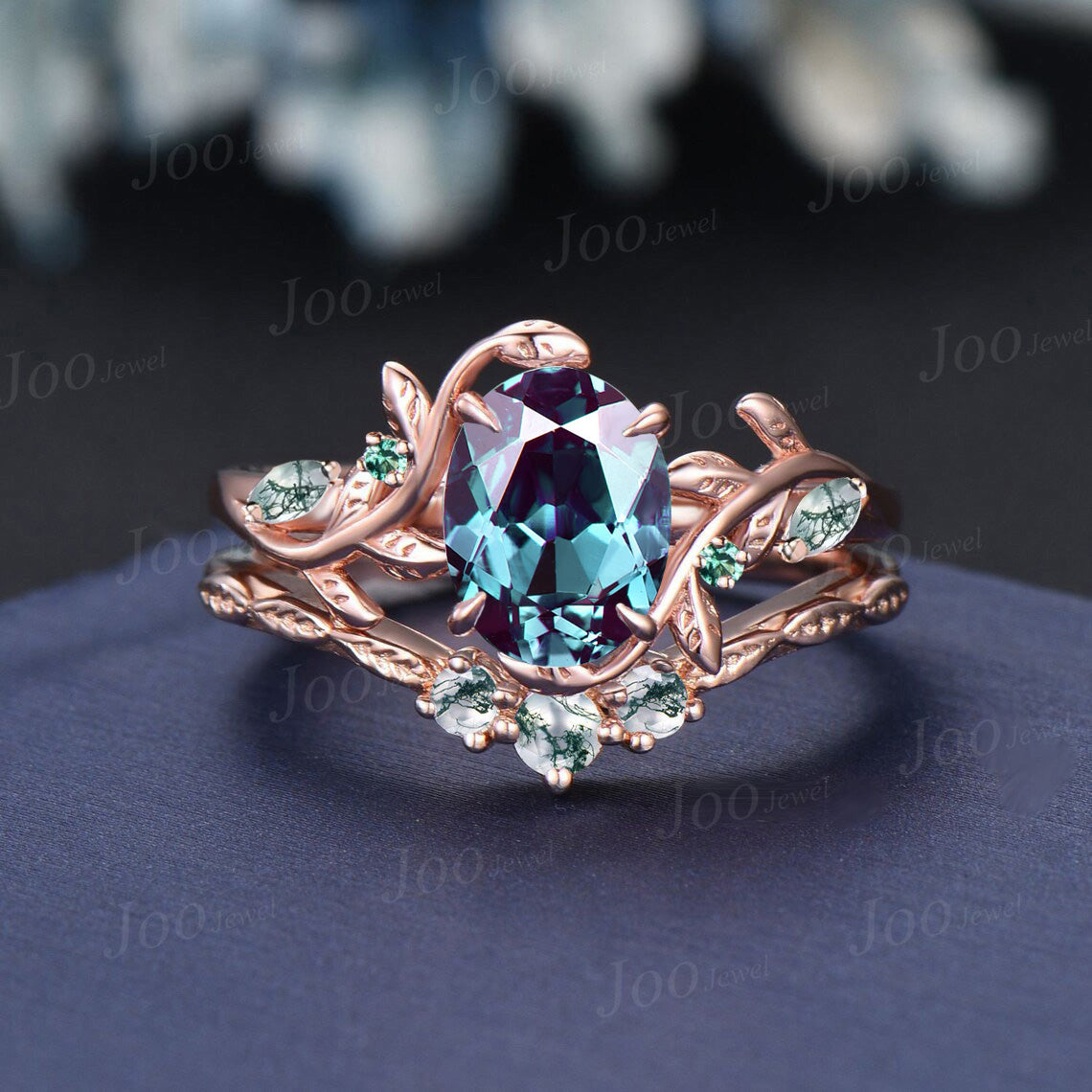 1.5ct Oval Alexandrite Moss Agate Bridal Ring Set Branch Leaf Vine Color-Change Alexandrite Engagement Ring Unique Wedding Anniversary Gifts