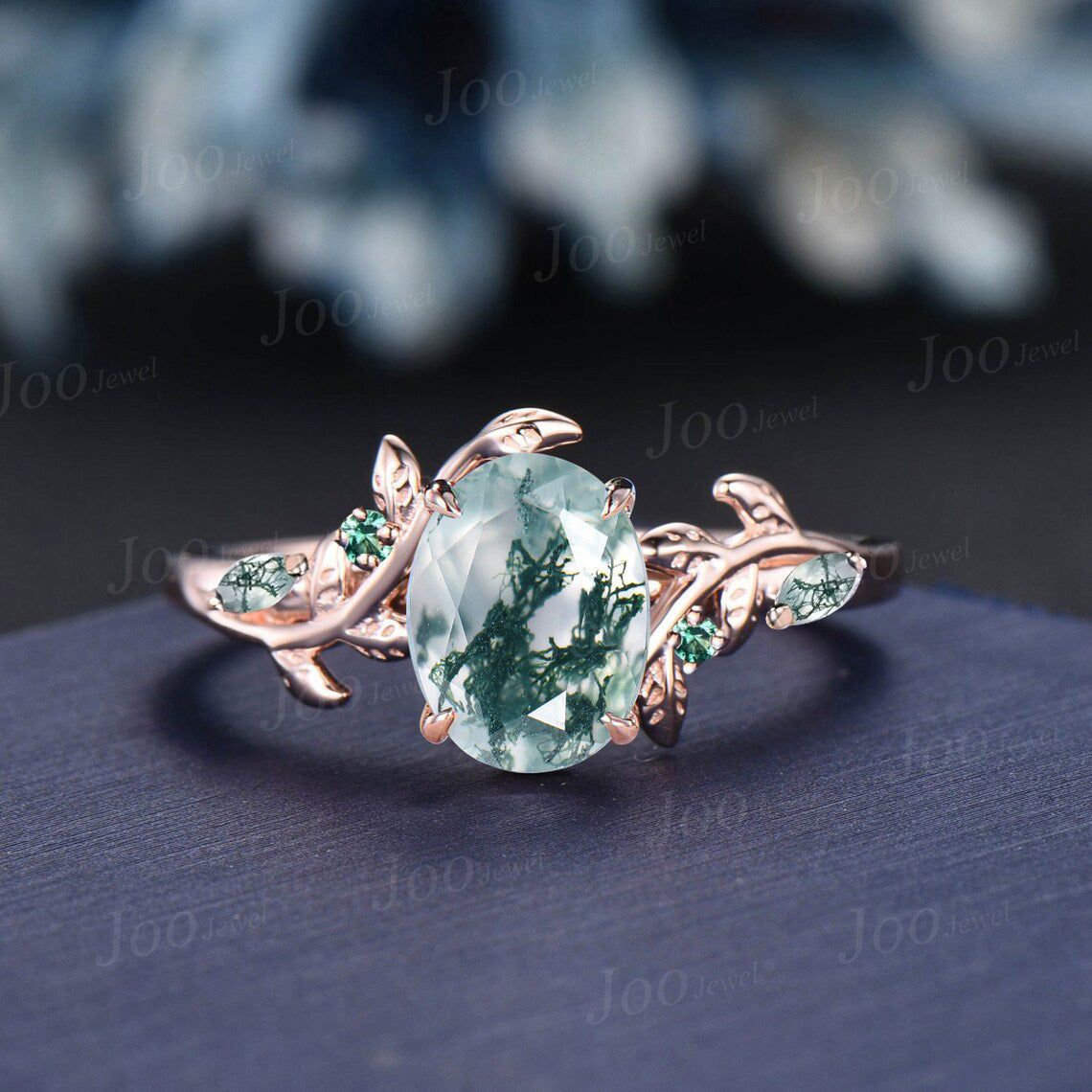 1.5ct Oval Cut Natural Green Moss Agate Emerald Bridal Ring Set Branch Twig Vine Nature Engagement Ring Unique Bridesmaid Anniversary Gifts