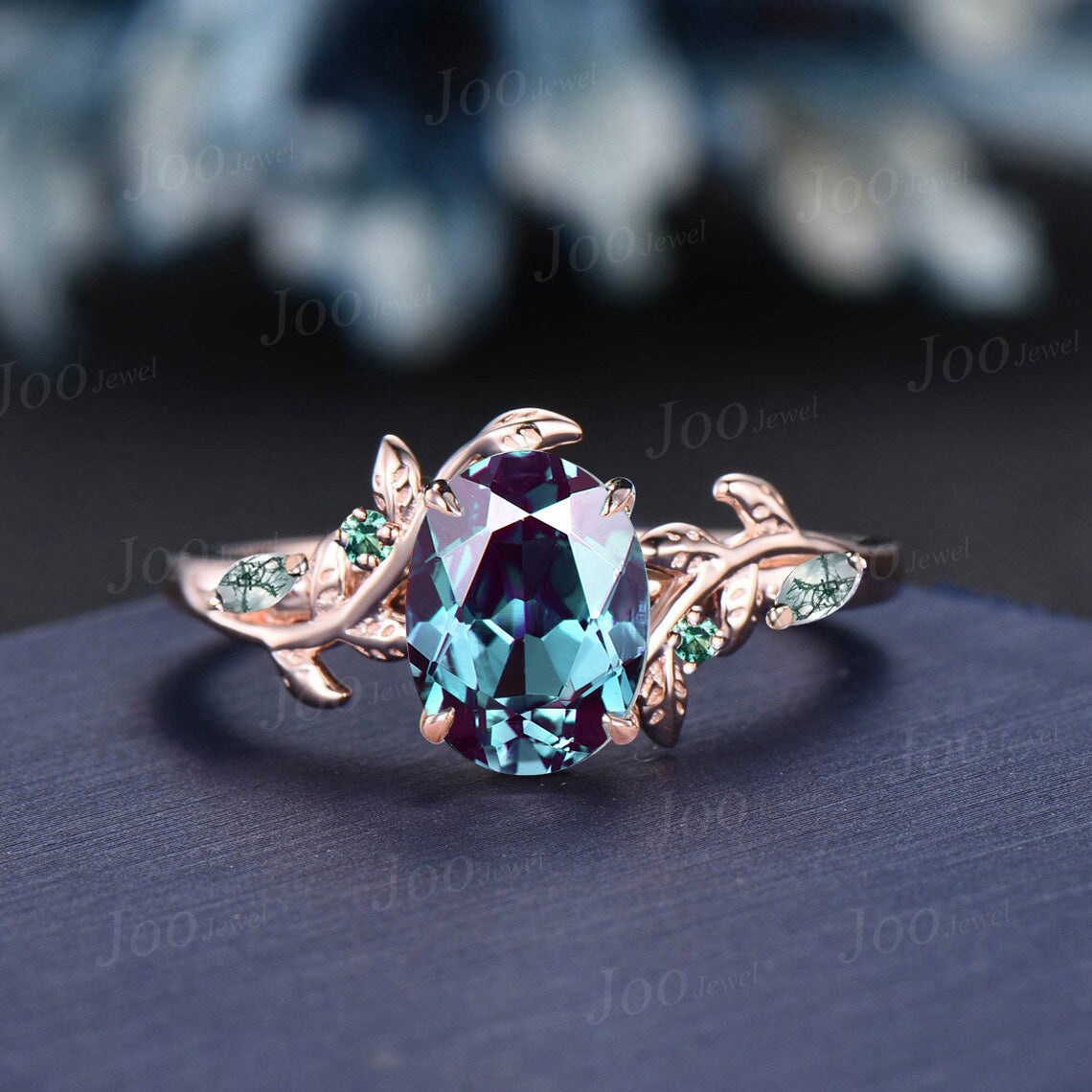 1.5ct Oval Alexandrite Moss Agate Bridal Ring Set Branch Leaf Vine Color-Change Alexandrite Engagement Ring Unique Wedding Anniversary Gifts