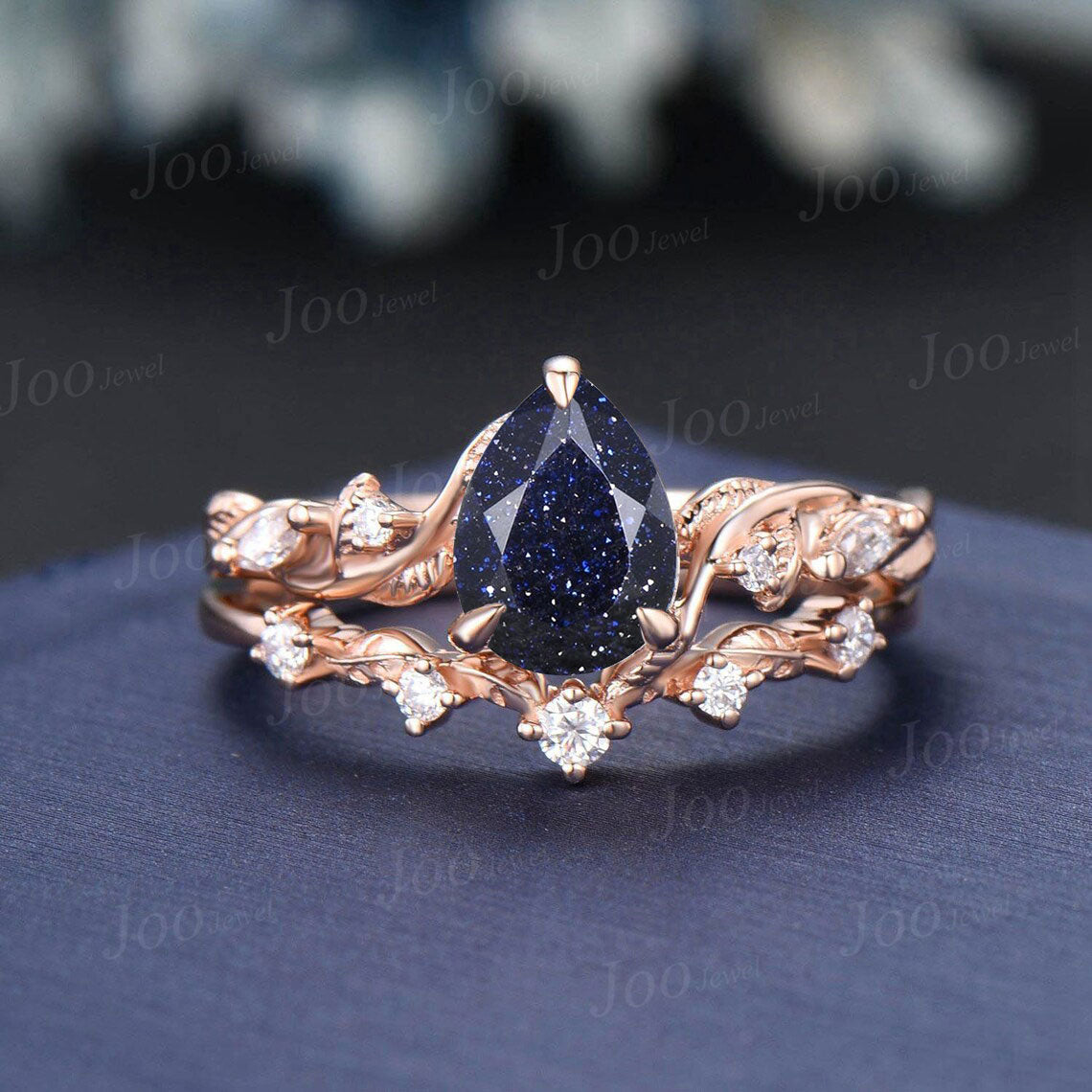 1.25ct Pear Galaxy Starry Sky Blue Sandstone Nature Engagement Ring Set 14K White Gold Leaf Branch Twig Vine Black Wedding Ring for Women