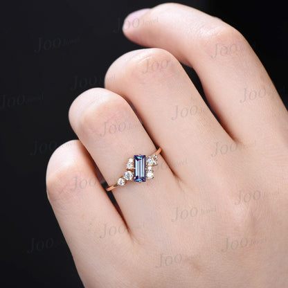 Cluster Alexandrite Engagement Rings Vintage Rose Gold Minimalist BaguetteCut Alexandrite Ring  Rectangle Gemstone Moissanite Wedding Ring
