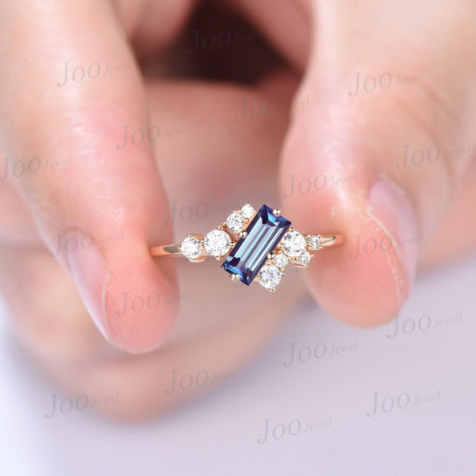 Cluster Alexandrite Engagement Rings Vintage Rose Gold Minimalist BaguetteCut Alexandrite Ring  Rectangle Gemstone Moissanite Wedding Ring