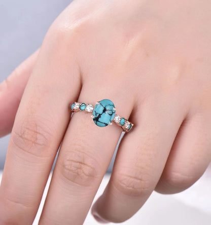 2ct Oval Natural Turquoise Engagement Ring Half Eternity Moissanite Cluster Turquoise Stacking Ring 10K Rose Gold Turquoise Wedding Ring