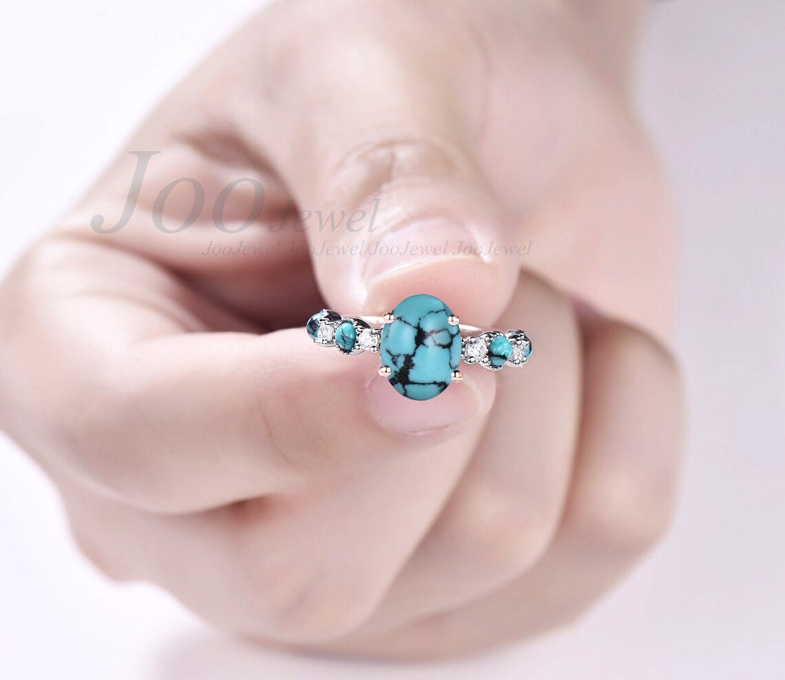 2ct Oval Natural Turquoise Engagement Ring Half Eternity Moissanite Cluster Turquoise Stacking Ring 10K Rose Gold Turquoise Wedding Ring