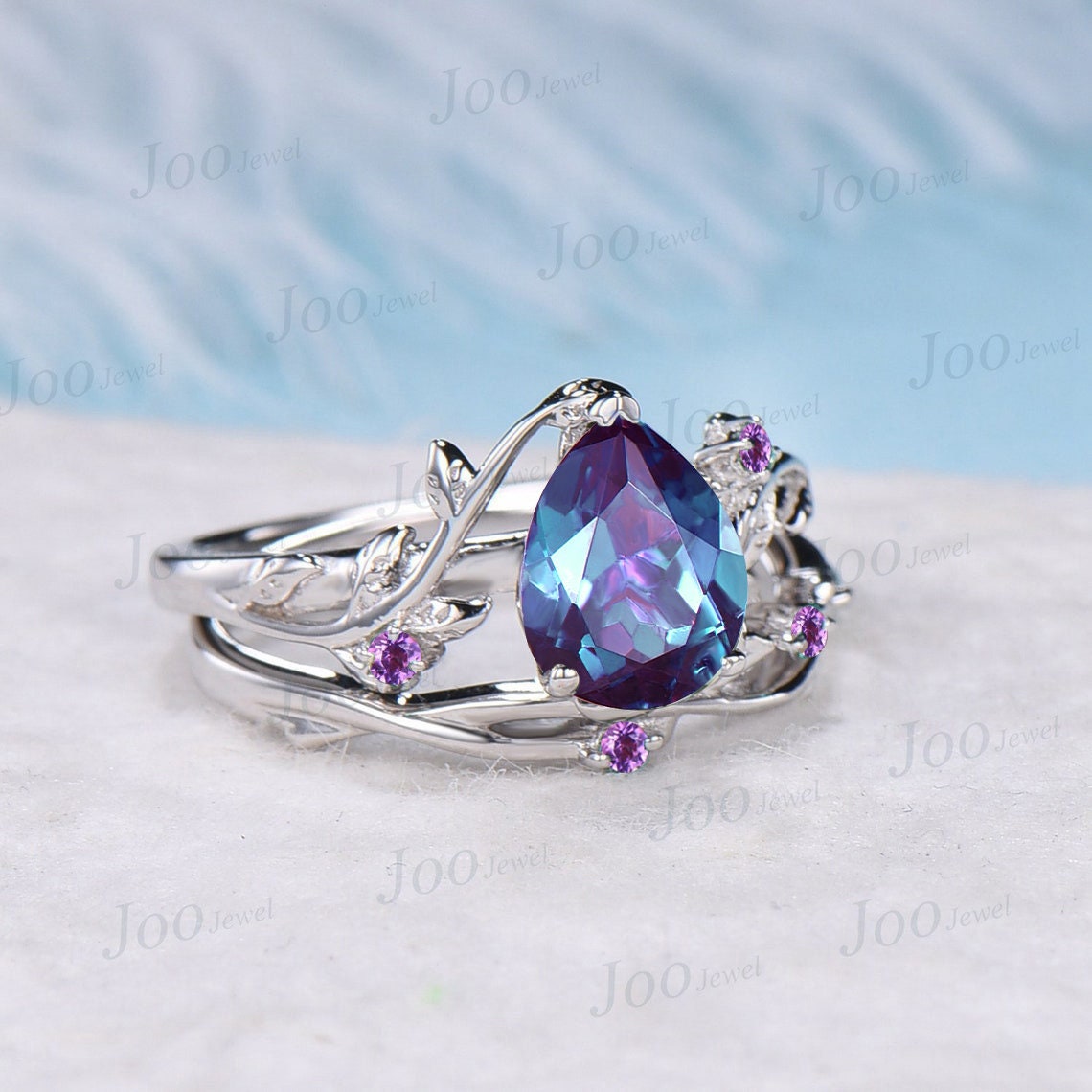 1.25ct Pear Shaped Alexandrite Ring Nature Inspired Alexandrite Promise Ring Leaf Vine Ring Set Twig Amethyst Ring Unique Anniversary Gifts