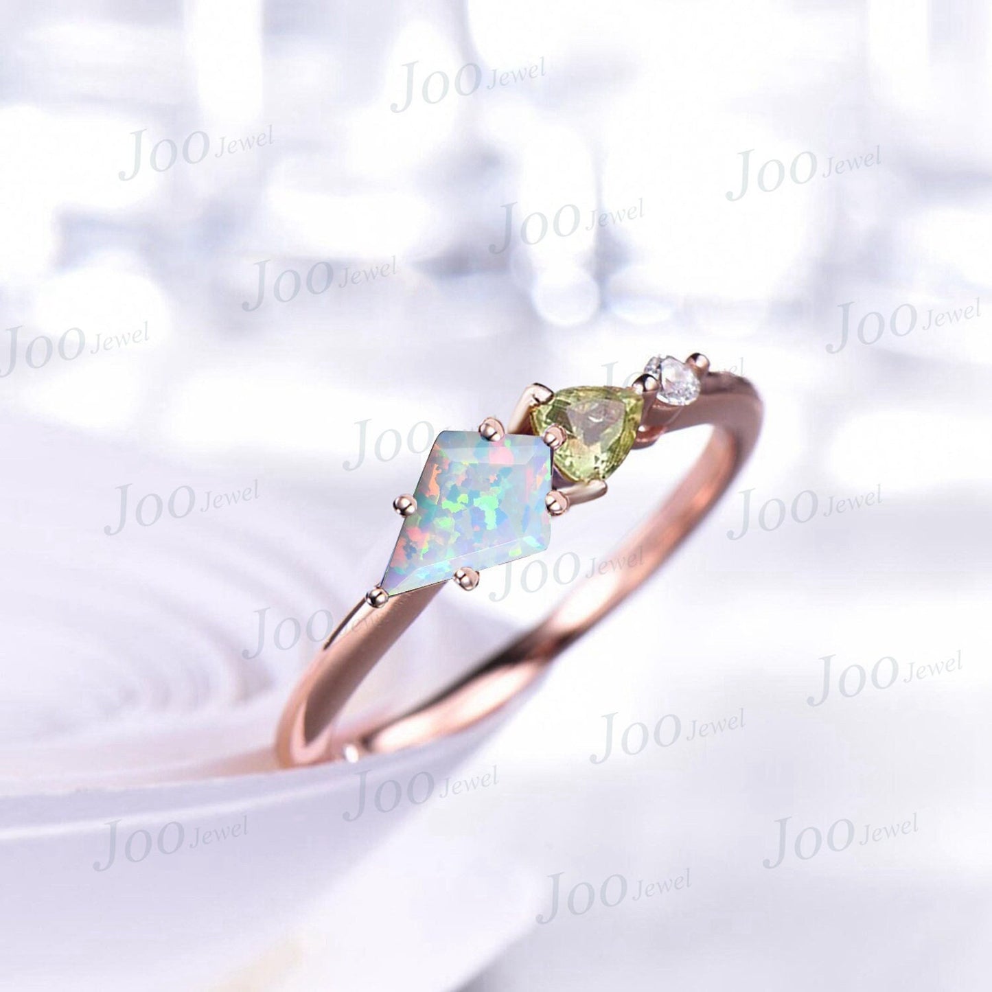 Minimalist Engagement Ring Kite Shaped Opal Cluster Promise Rings Peridot Moissanite Ring Three Stone Ring October Birthstone Wedding Ring