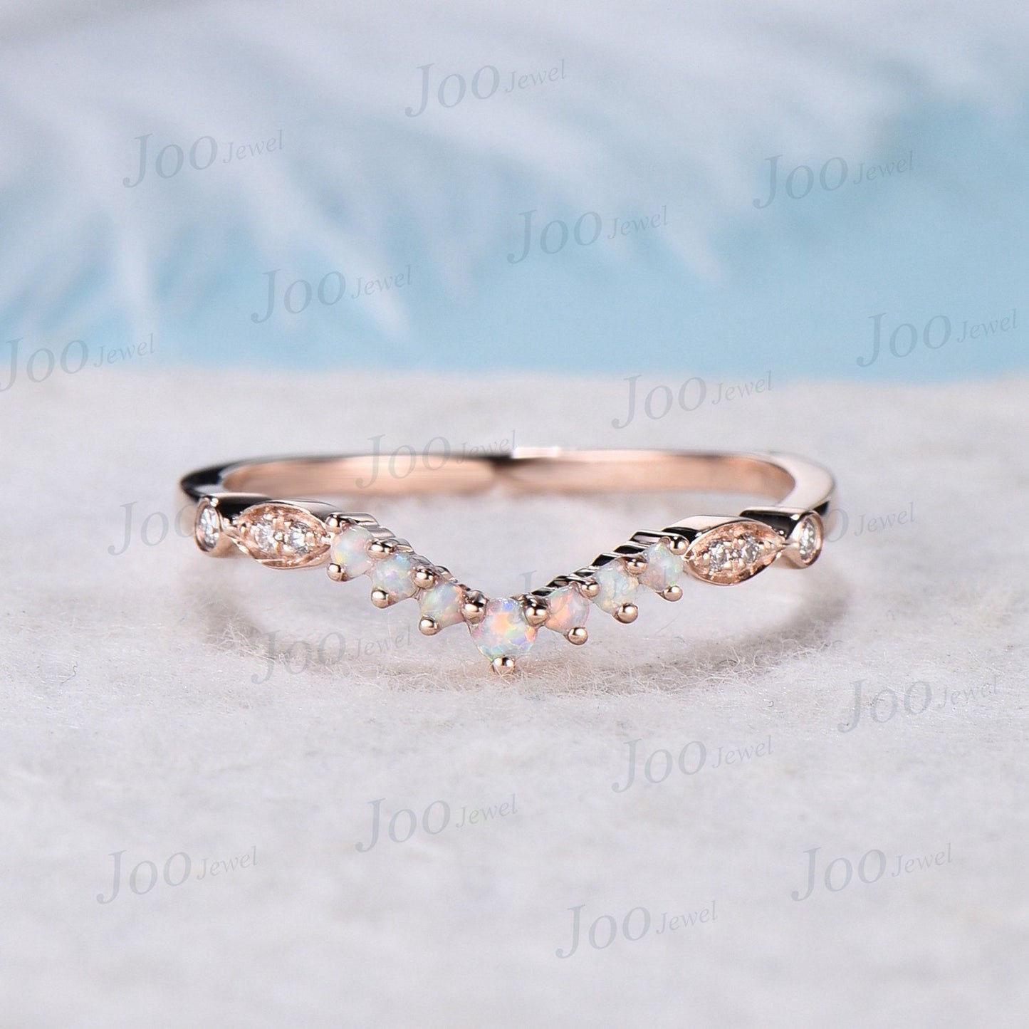 Round Opal Stacking Matching Wedding Band Art Deco 10k Rose Gold Lace Milgrain Marquise Moissanite Contoured Wedding Band For Women