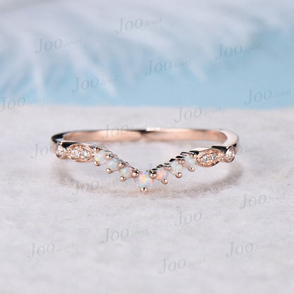 Round Opal Stacking Matching Wedding Band Art Deco 10k Rose Gold Lace Milgrain Marquise Moissanite Contoured Wedding Band For Women