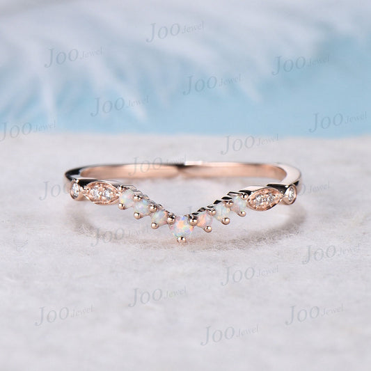 Round Opal Stacking Matching Wedding Band Art Deco 10k Rose Gold Lace Milgrain Marquise Moissanite Contoured Wedding Band For Women