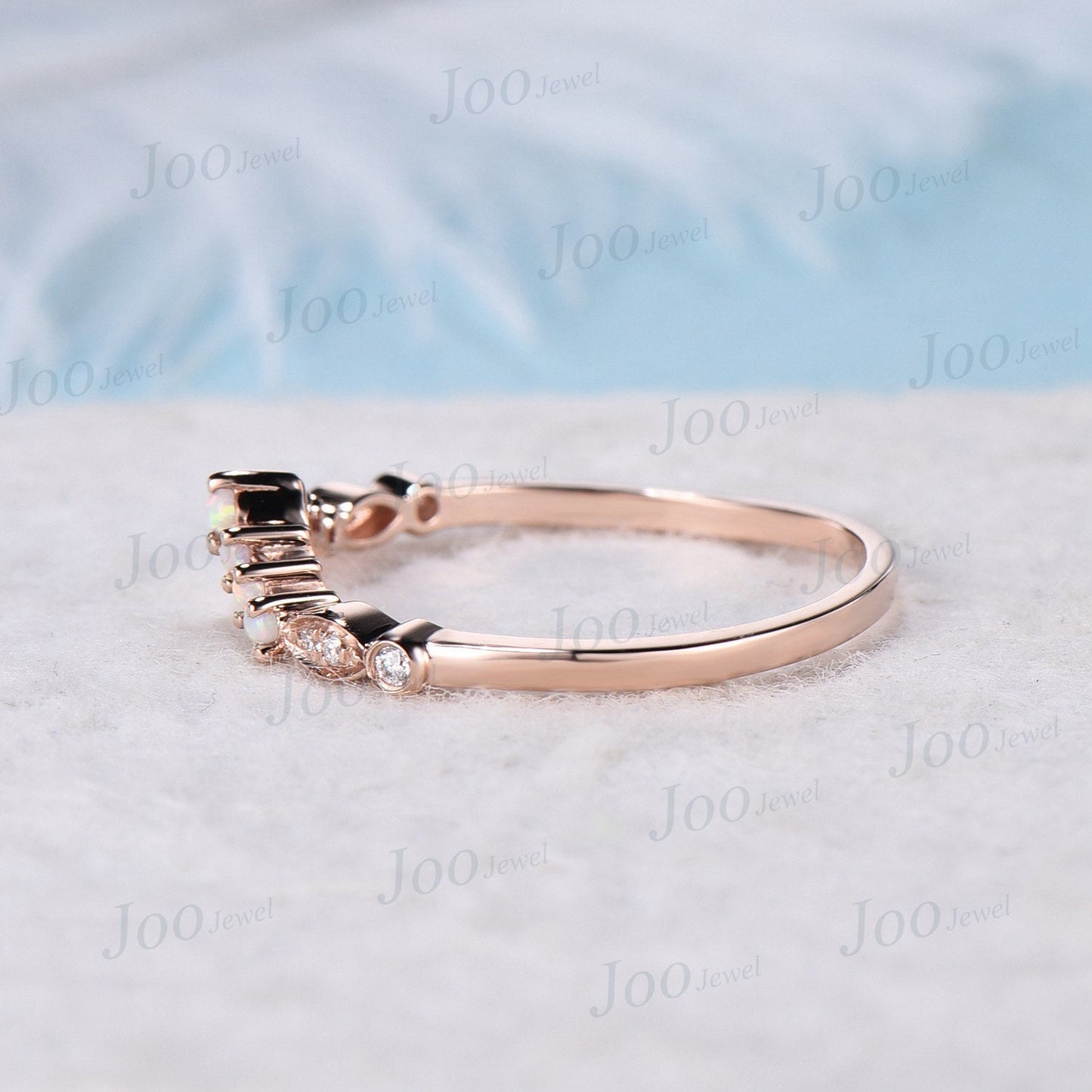 Round Opal Stacking Matching Wedding Band Art Deco 10k Rose Gold Lace Milgrain Marquise Moissanite Contoured Wedding Band For Women