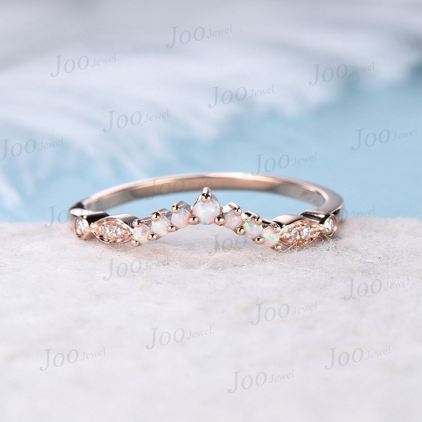Round Opal Stacking Matching Wedding Band Art Deco 10k Rose Gold Lace Milgrain Marquise Moissanite Contoured Wedding Band For Women