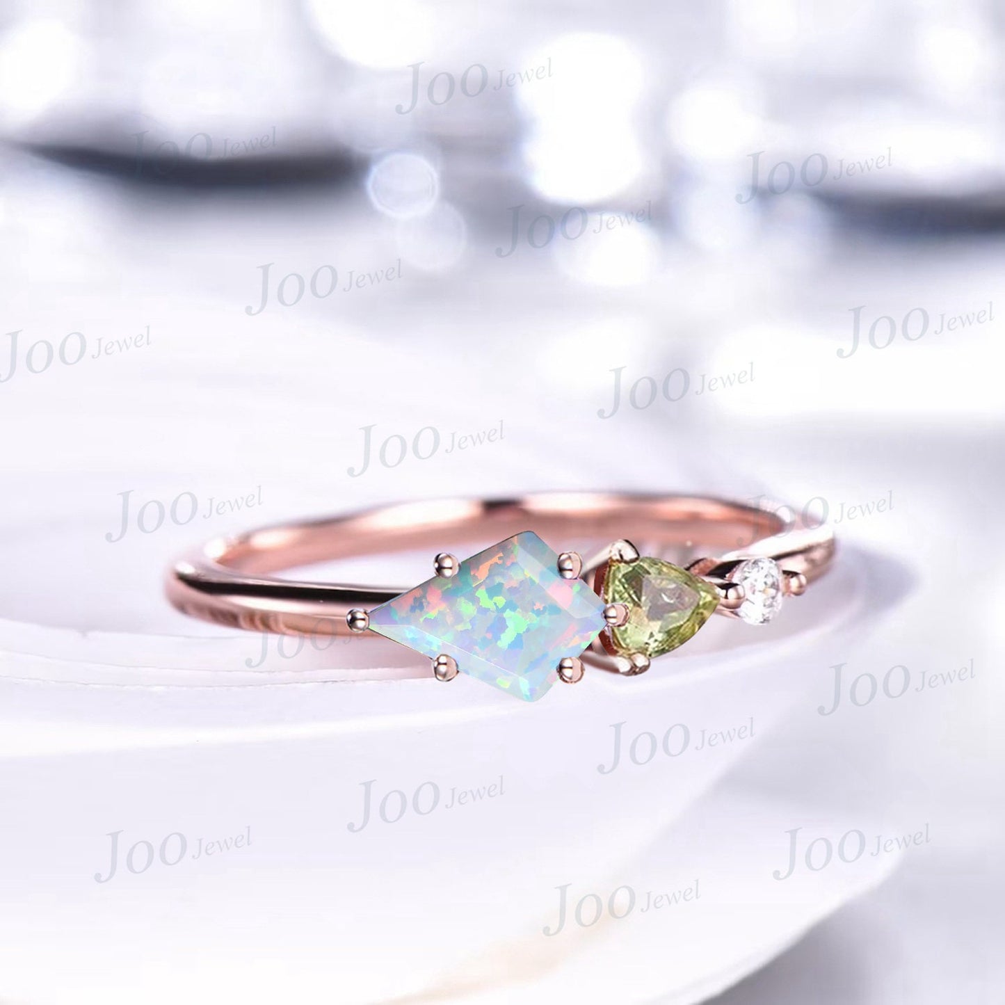 Minimalist Engagement Ring Kite Shaped Opal Cluster Promise Rings Peridot Moissanite Ring Three Stone Ring October Birthstone Wedding Ring