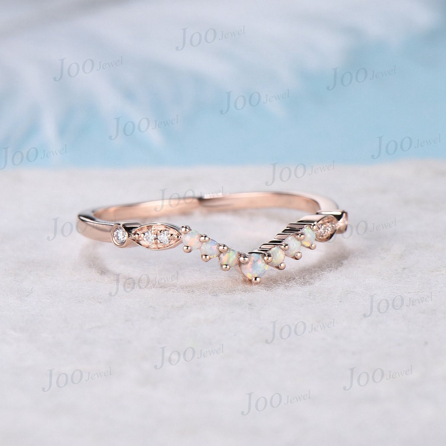 Round Opal Stacking Matching Wedding Band Art Deco 10k Rose Gold Lace Milgrain Marquise Moissanite Contoured Wedding Band For Women